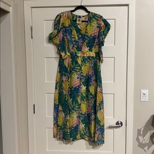 Farm Rio Tropical Print Midi Dress with Puff Sleeves